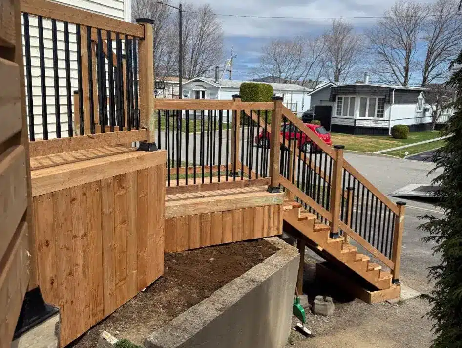 Wood deck stairs and railing