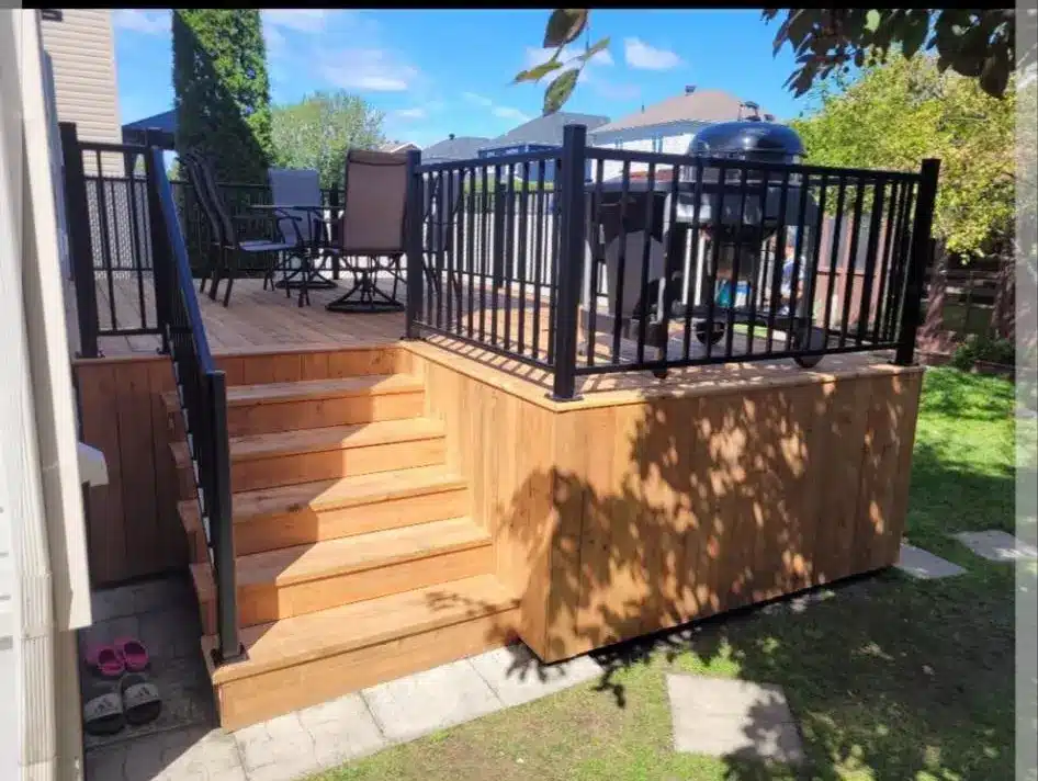 Wood deck with black railing